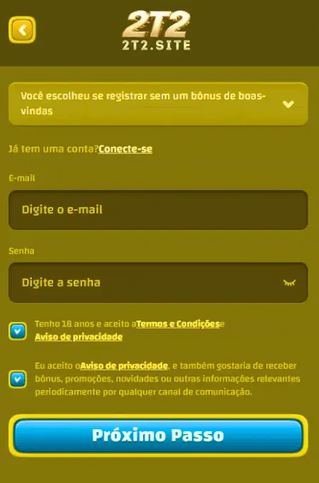 Página de cadastro do 2T2 Cassino